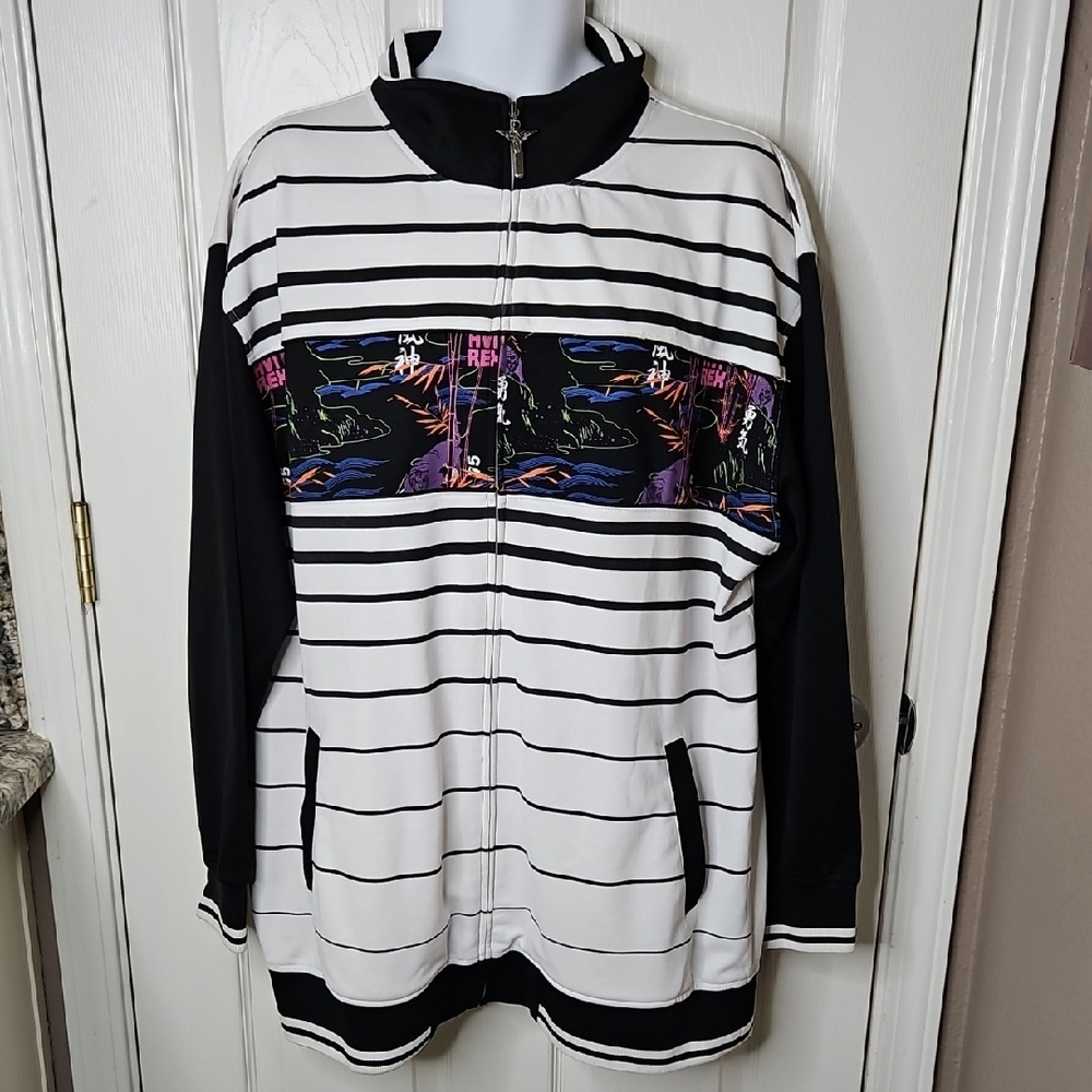 Avirex White And Black Stripe Graphic Zip Up Jacket Size Xl